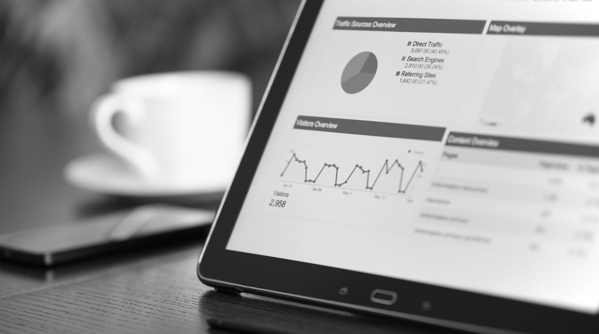 A tablet showing website traffic and search reports