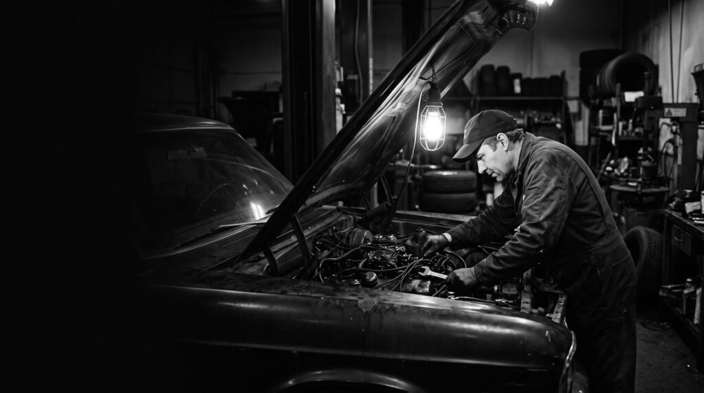 A mechanic leaning into the engine bay of a car in a repair shop