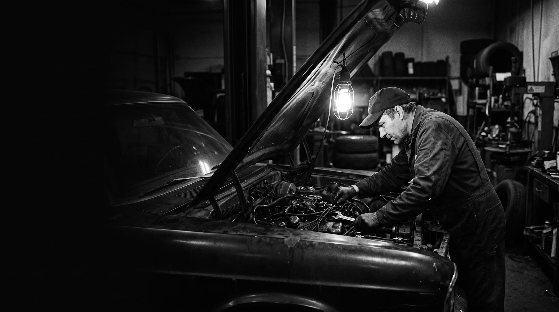 A mechanic leaning into the engine bay of a car in a repair shop