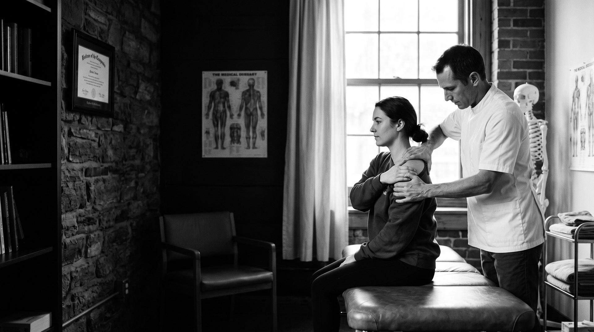 A chiropractor adjusting a patient's shoulder in a treatment room
