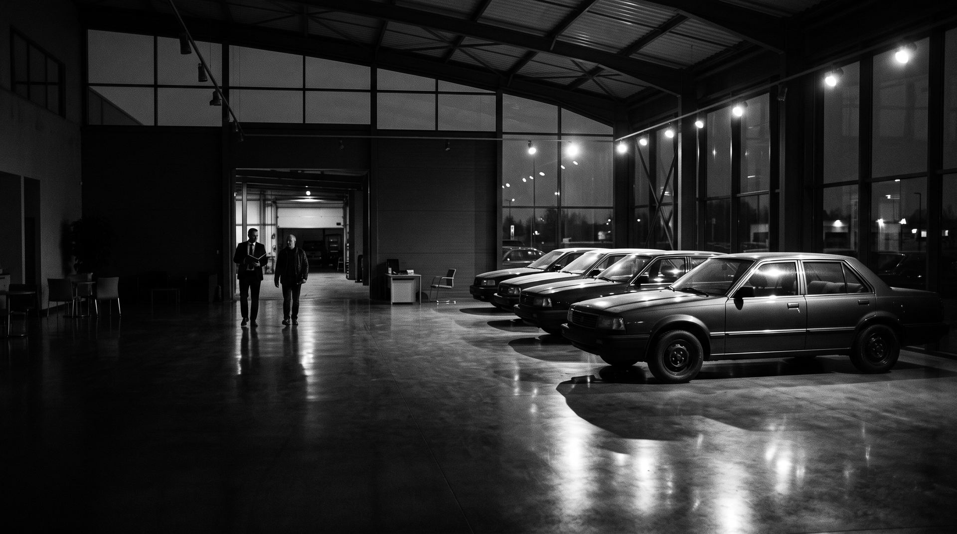 A dealership showroom with a row of cars under spotlights