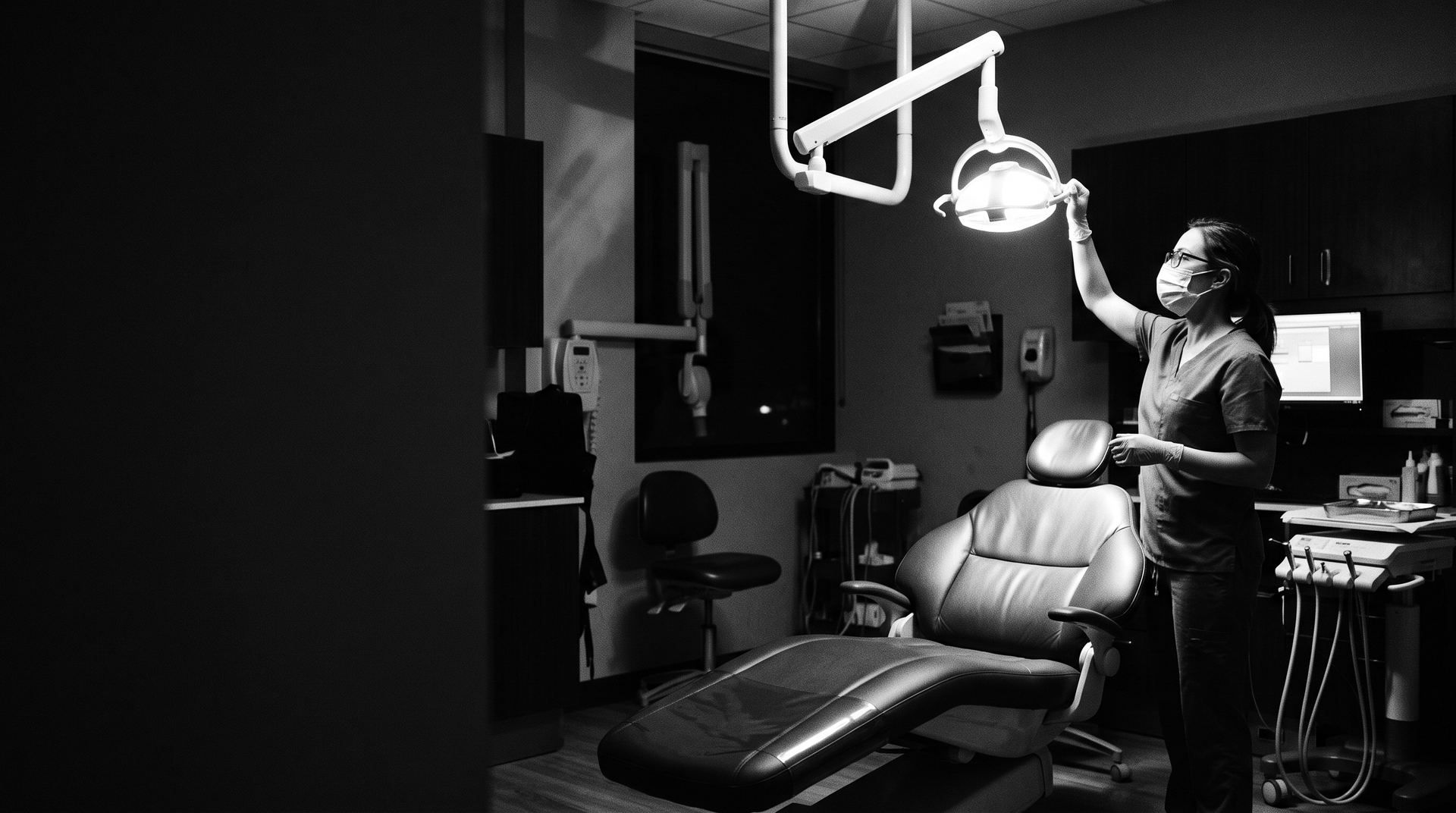 A dentist adjusting the overhead light in a dental operatory