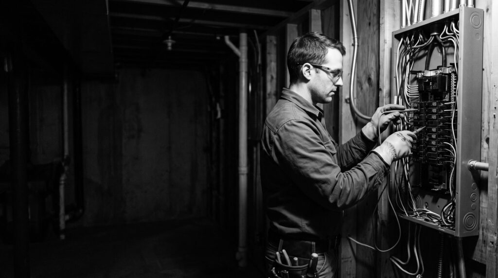 An electrician working on a residential breaker panel