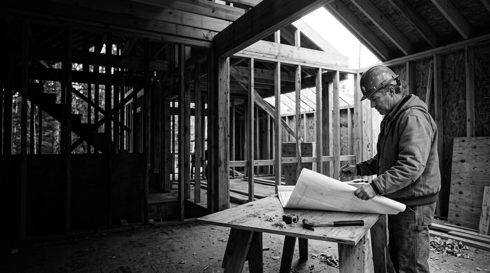 A general contractor reviewing plans inside a framed house