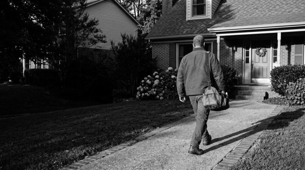 A home services technician walking up a driveway to a customer's front door