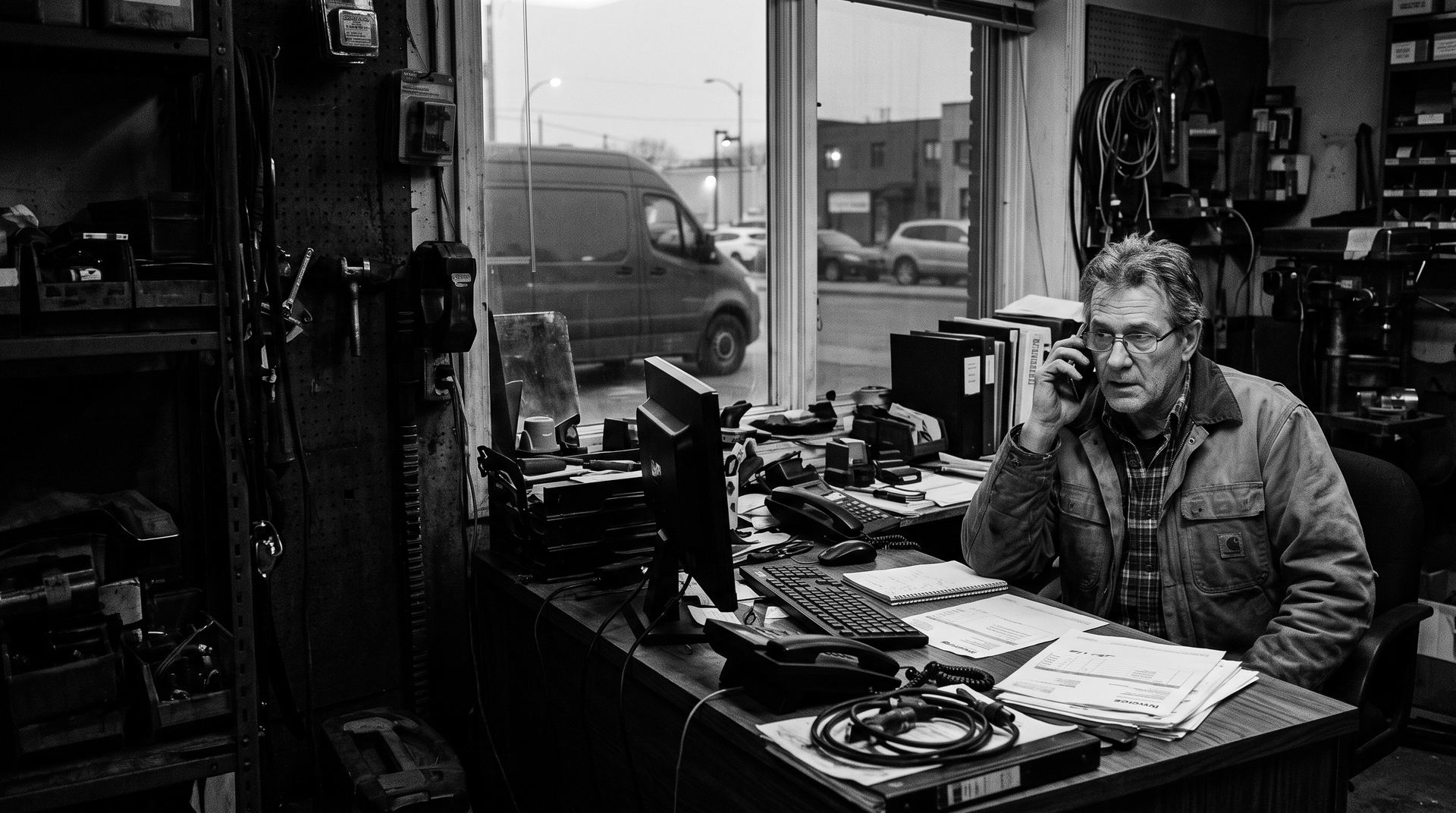 A business owner answering the phone at a workshop desk with a service van outside