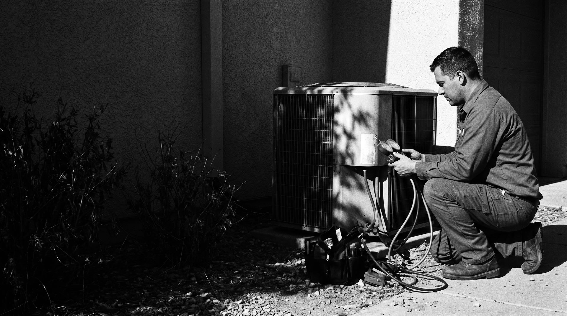 An HVAC technician servicing an outdoor condenser unit