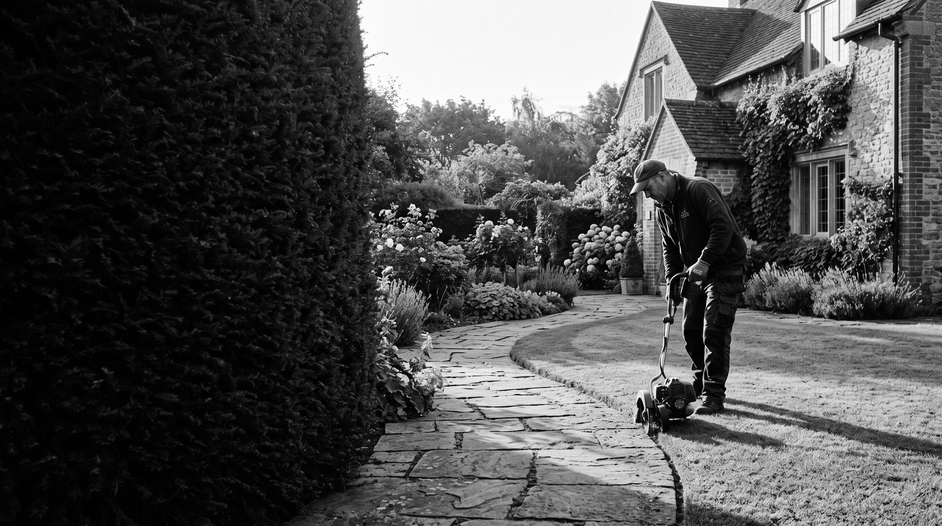 A landscaper edging a lawn beside a stone garden path