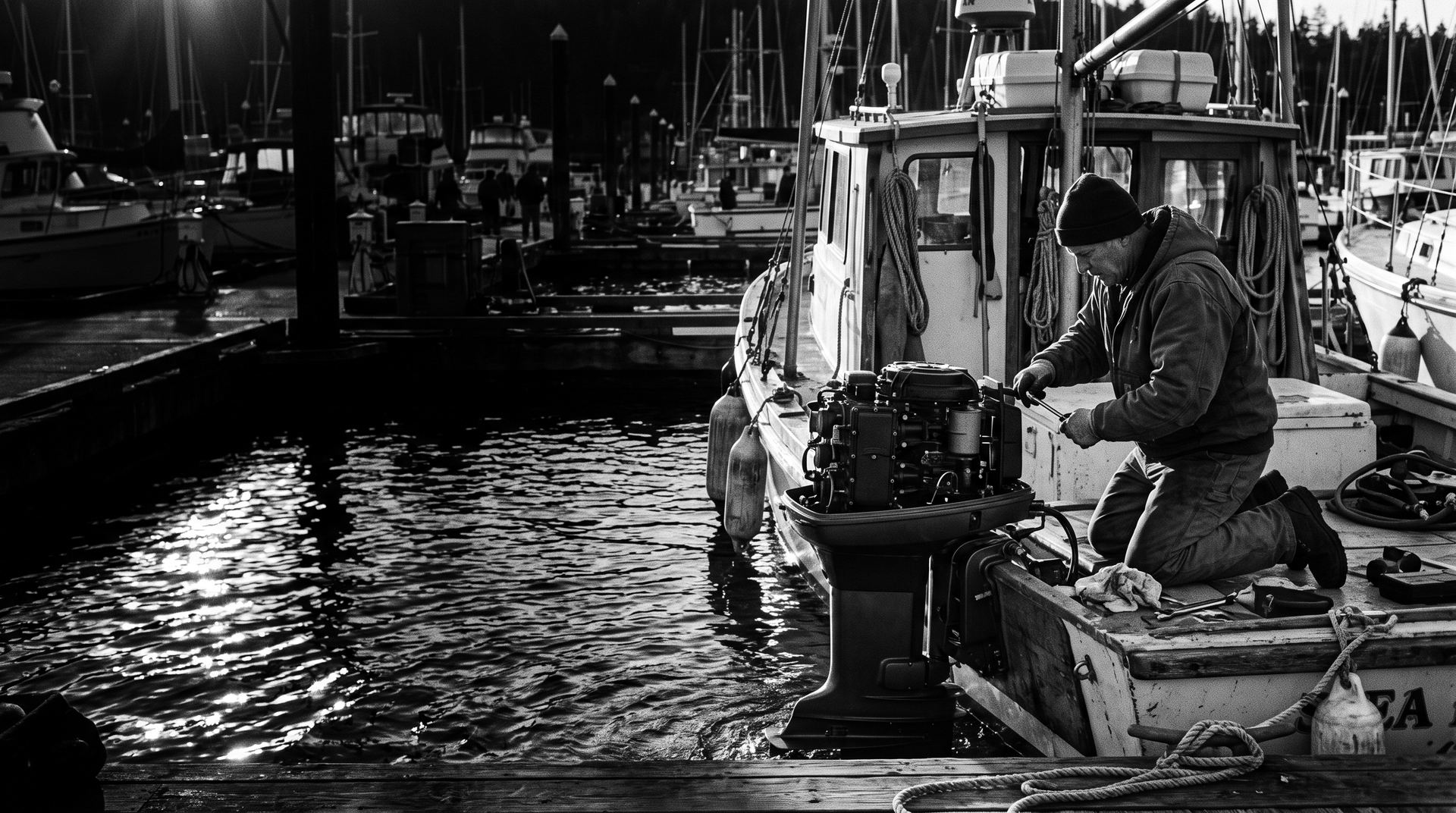 A marine technician servicing an outboard motor at a marina dock