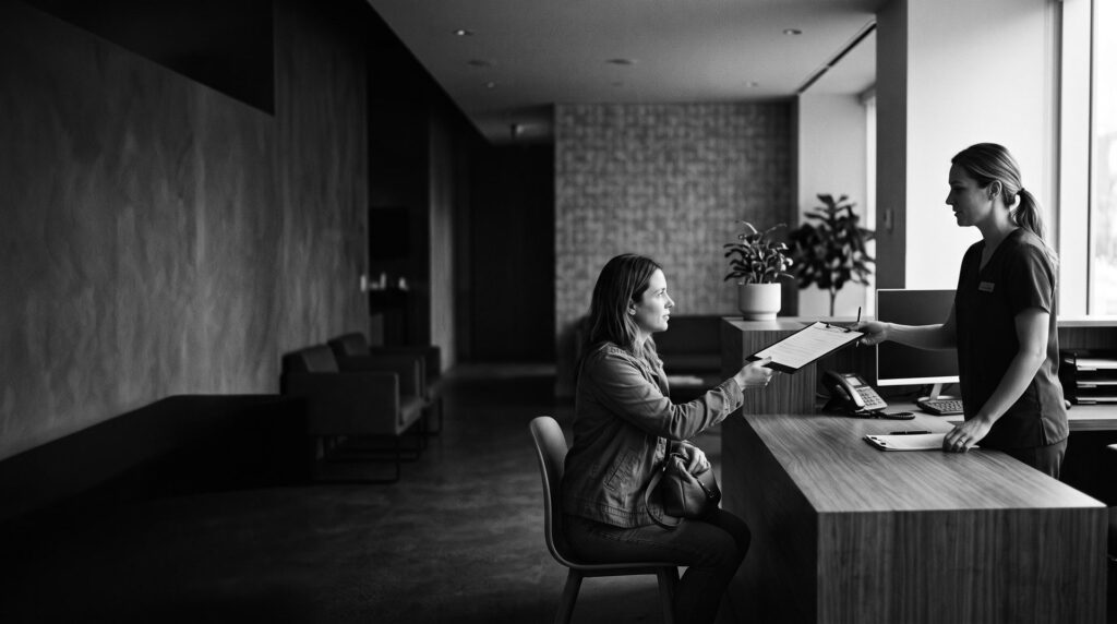 A receptionist handing a clipboard to a patient at a clinic front desk