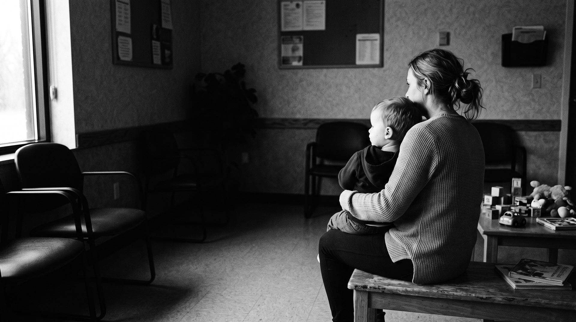 A parent holding a toddler in a pediatric clinic waiting room