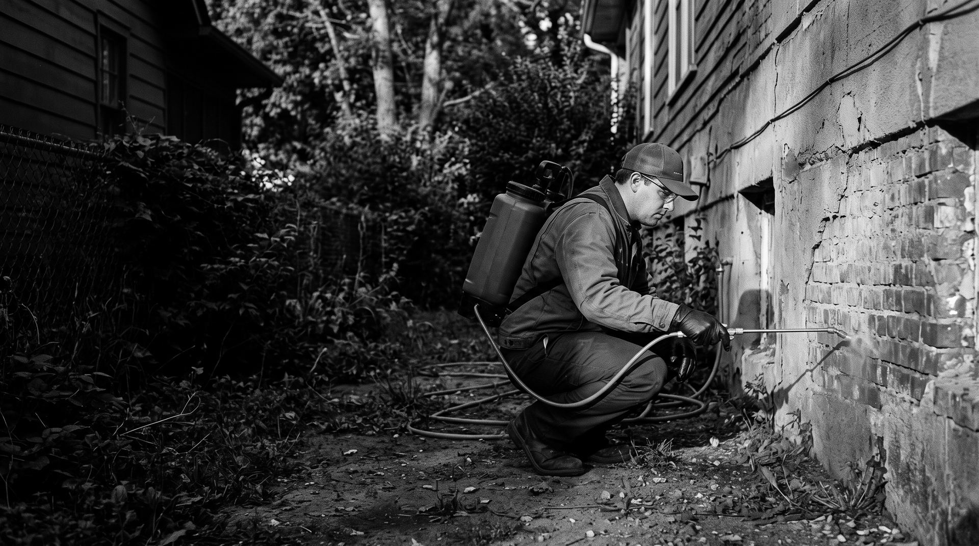 A pest control technician treating the foundation of a house