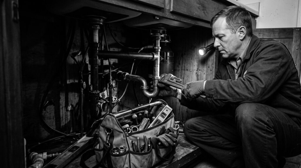 A plumber tightening a fitting under a kitchen sink