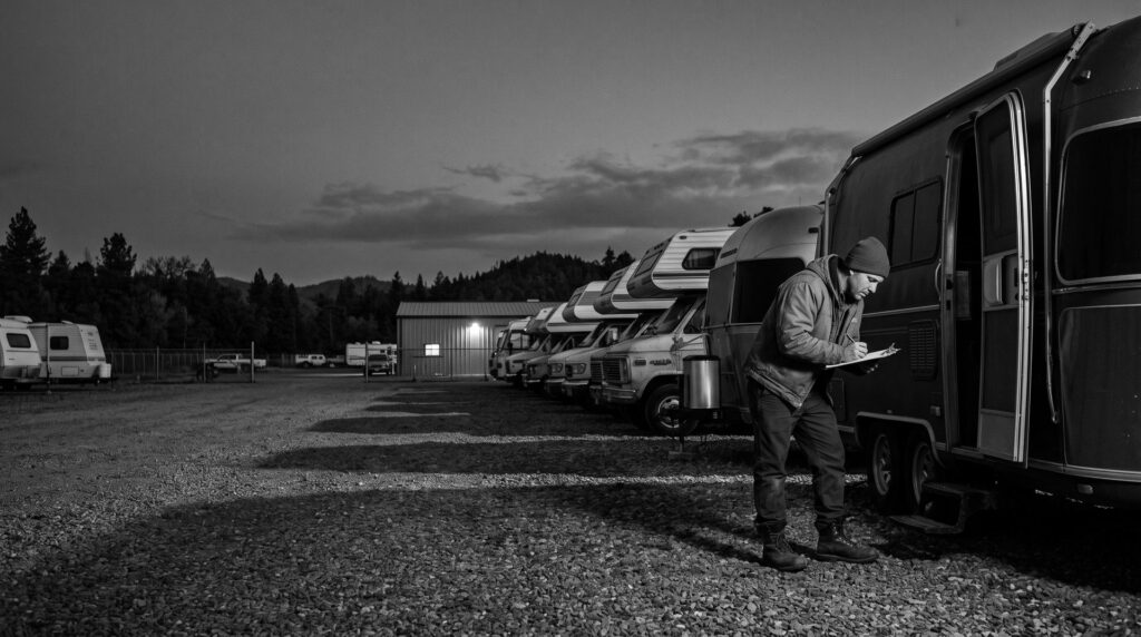 A technician inspecting a travel trailer on an RV lot at dusk