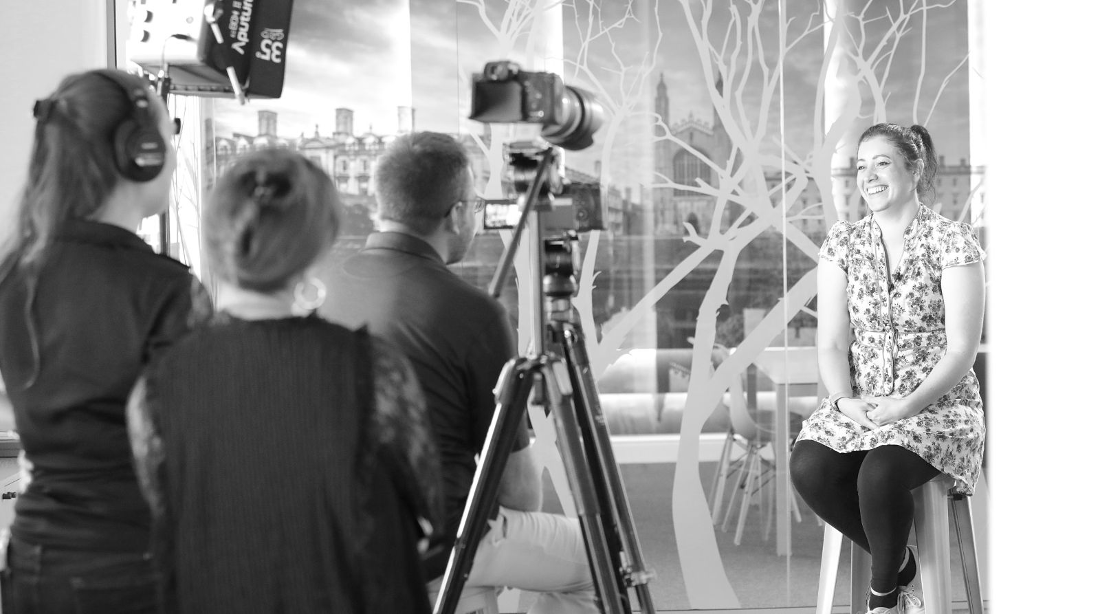 A crew recording an on-camera interview