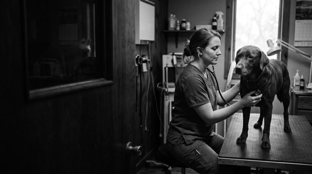 A veterinarian examining a dog on an exam table