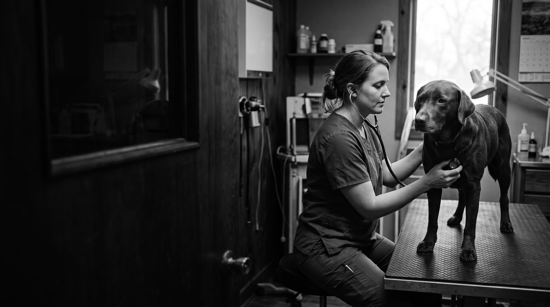 A veterinarian examining a dog on an exam table