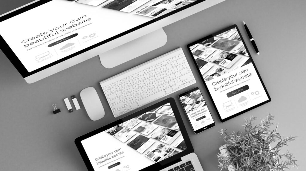 Website designs shown on a desktop, tablet and phone